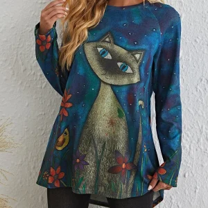 Blusa grande azul con estampado de gato holgado