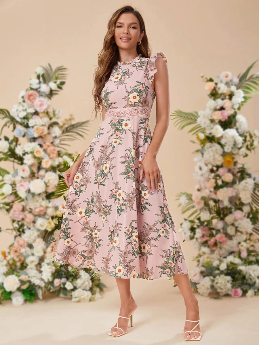Vestido con estampado floral y con encaje en contraste - Angora Store