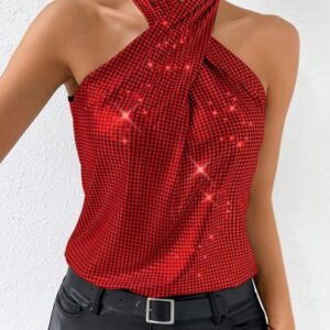 Top halter de color rojo con tira cruzada