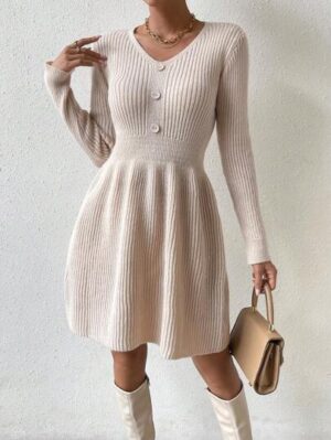 Vestido de punto tejido de canalé con botones